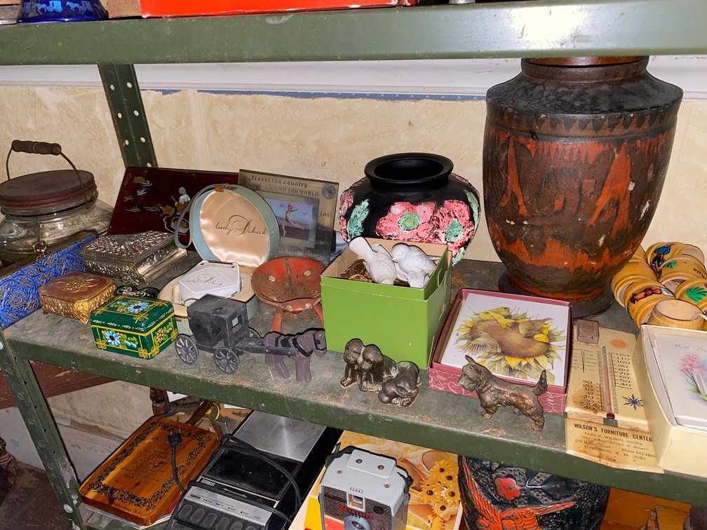 2-Vases, Cast iron dogs, Jewelry Boxes
