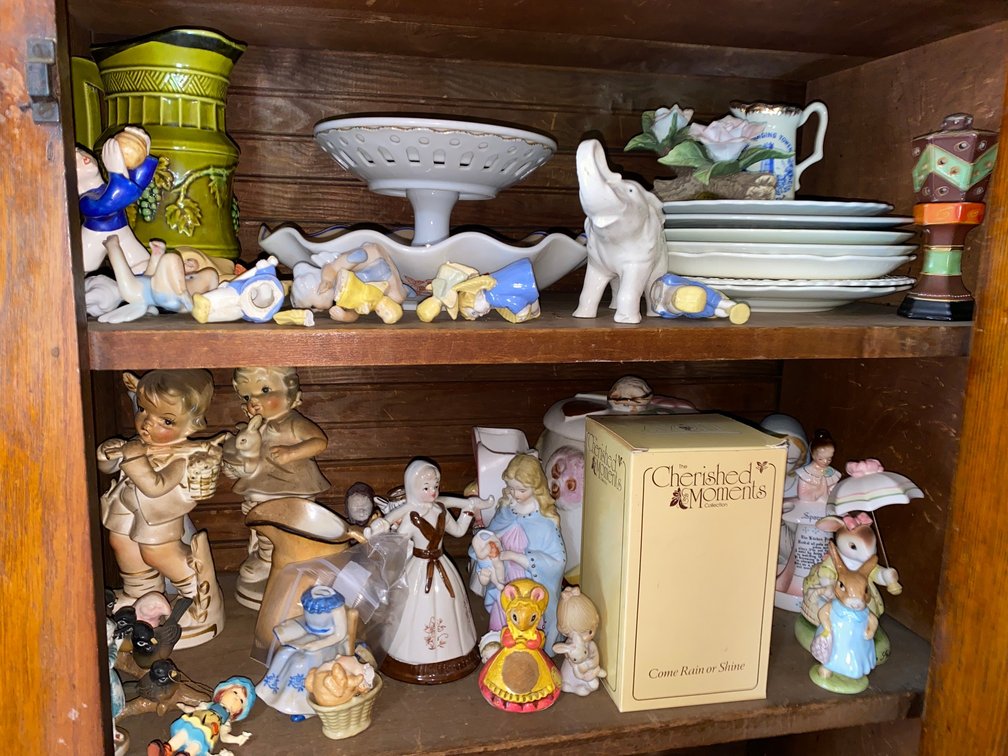 2-Shelfs of Figurines, China Plates, Pitcher