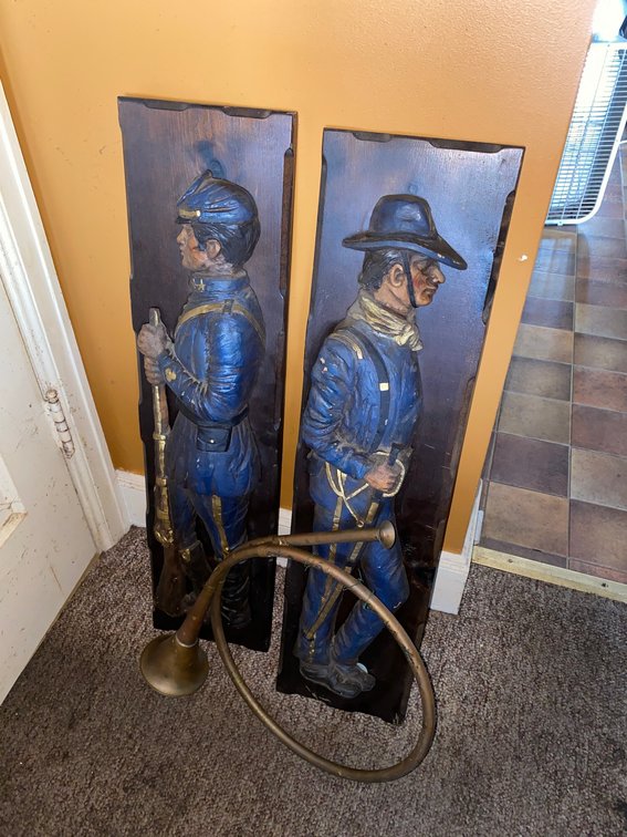 Wall Plaques Depicting Civil War Union Soldiers, Brass Horn