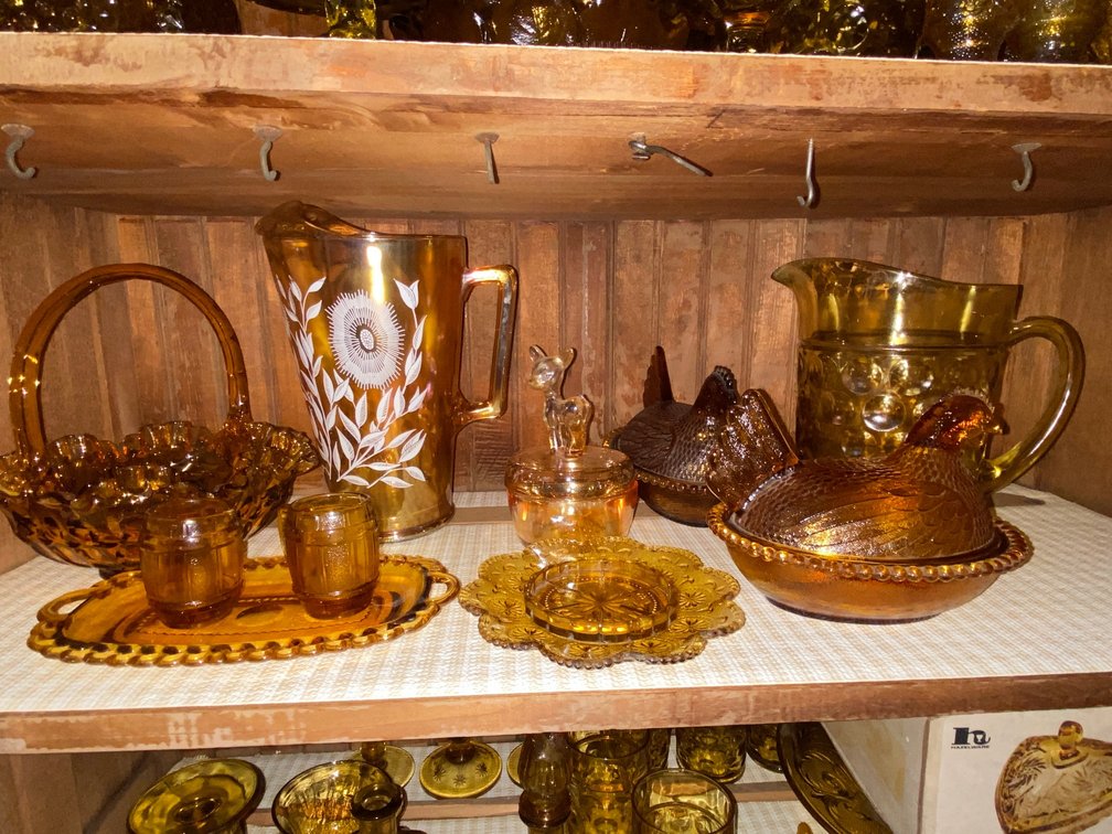 Marigold Carnival Glass, Pitcher, 2- Amber Hen on a Nest