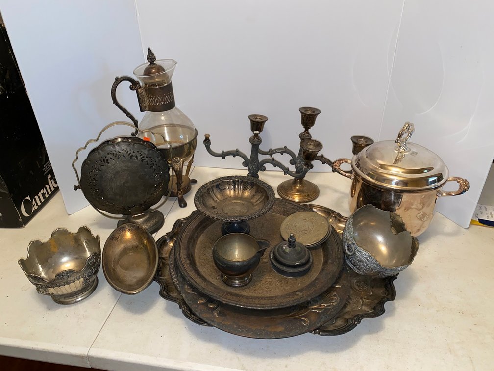 Silver plate Items, Candlesticks, coffee pot, Platters, bowls