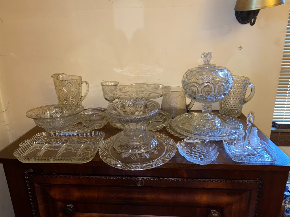 Moon and star Pattern Clear Glass, Clear Glass Cake Plates, Moon and Star Pattern Compote, Pitcher, Salt and Pepper Shakers