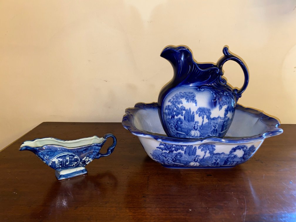 Flow Blue Pitcher and Basin, Gravy Boat