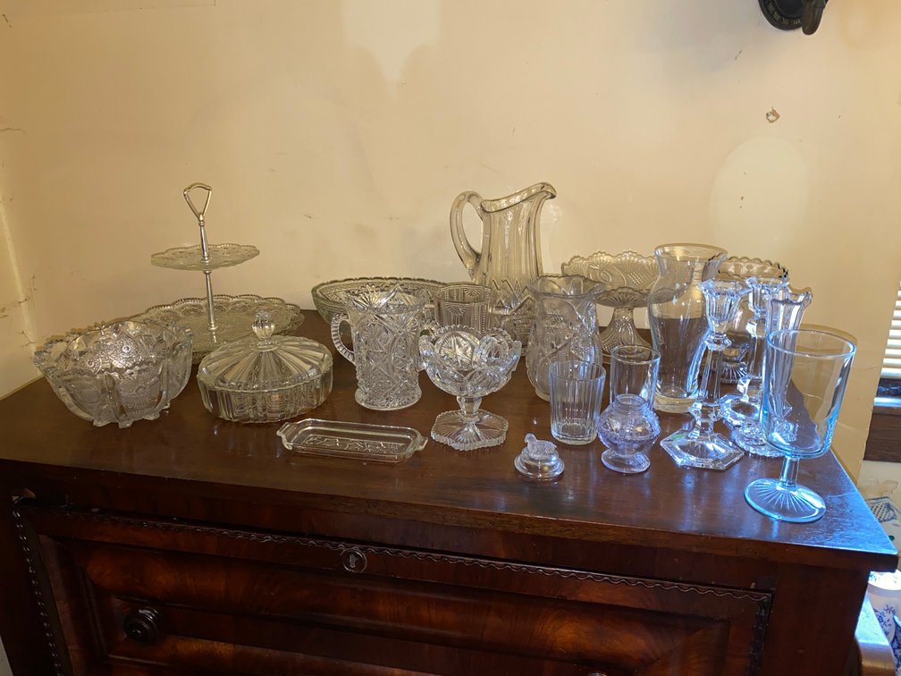 Clear Glass, Pressed glass, Pattern Glass, Pitchers, Vases, Candlestick Holders, Cupboard, Dishes, Divided Plates, Egg Plate