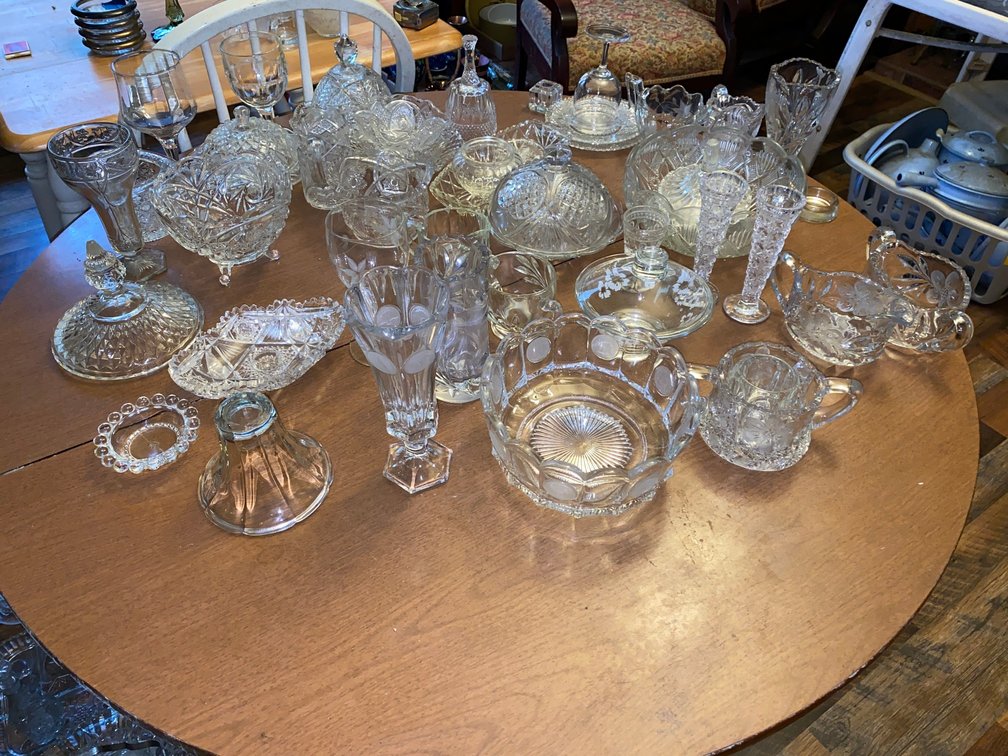 Pressed Glass, Covered butter Dishes, Vases Candlestick Holders, Coin Dot Fostoria, Creamers, Sugars