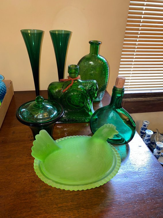 Green bottles, Vaseline Hen on a Nest, 2-Flute Vases