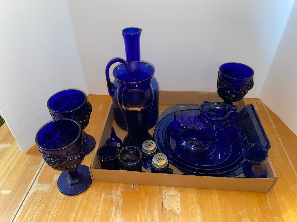 Cobalt Colored Glass, Salt and Peppers, stemware, Plates, Pitcher