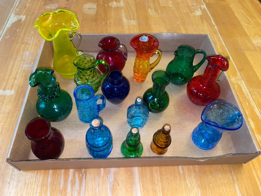 Hand Blown Crackle Glass Miniature Vases, Miniature Pitchers