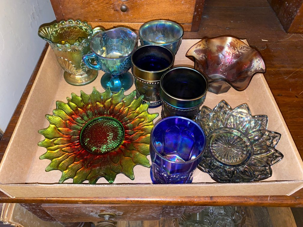 Carnival glass Tumblers, Goofus Glass Plate