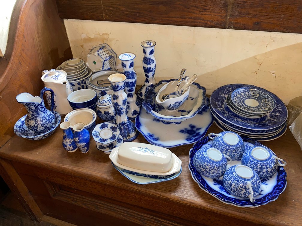 Decorative Blue China, Liberty Blue Pieces, Servers, Candlestick Holders, Pitchers