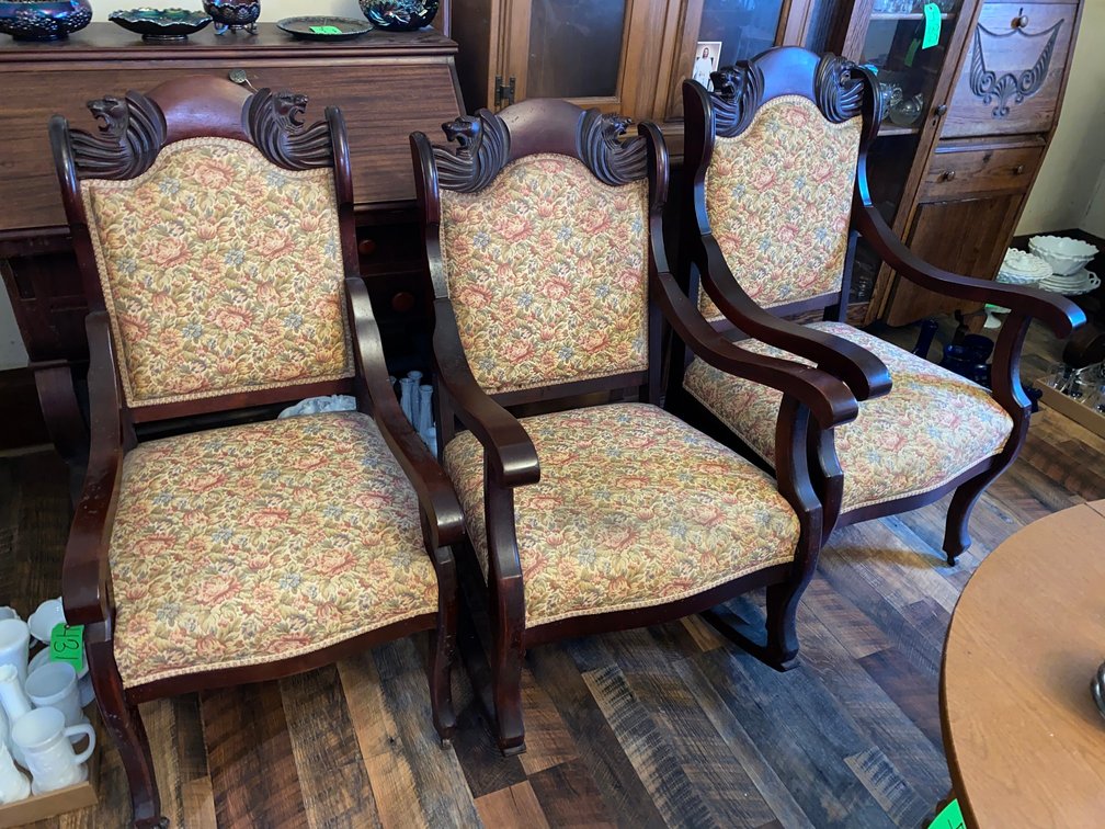 3 Carved Mahogany-Style Upholstered Armchairs