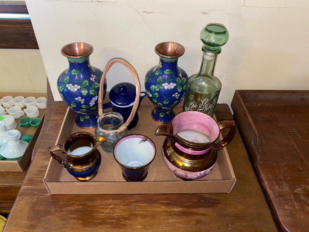 Copper and pink lustre Pitcher, Cruet, 2-Vases