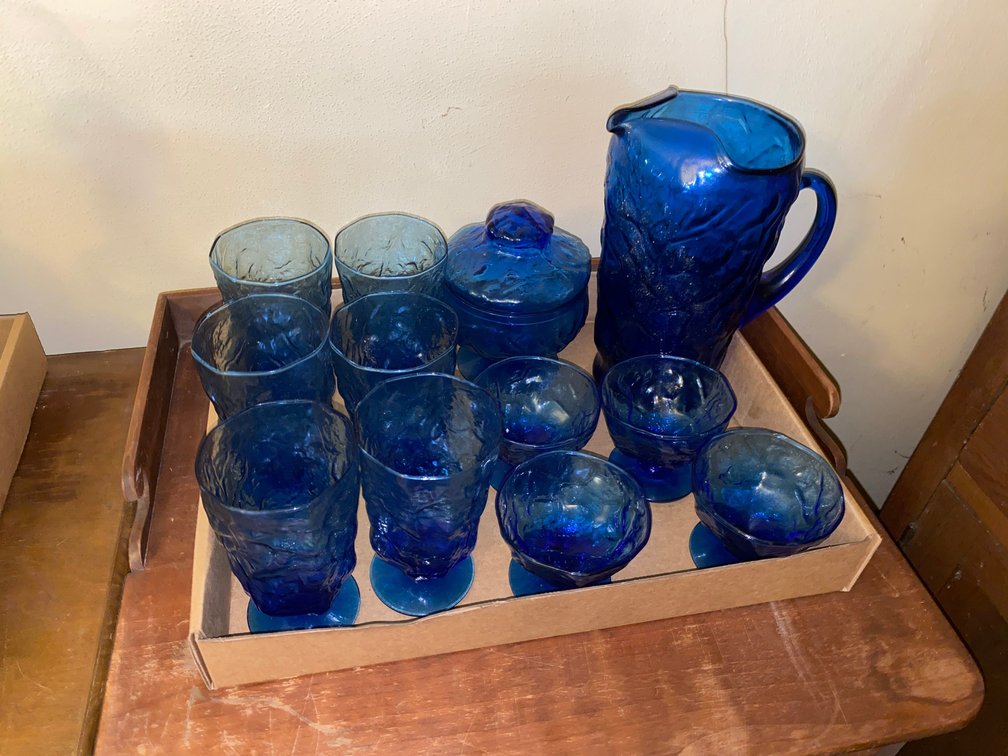 Seneca Driftwood Pattern, Water Pitcher, Tumblers, Sherbets, Covered Compote