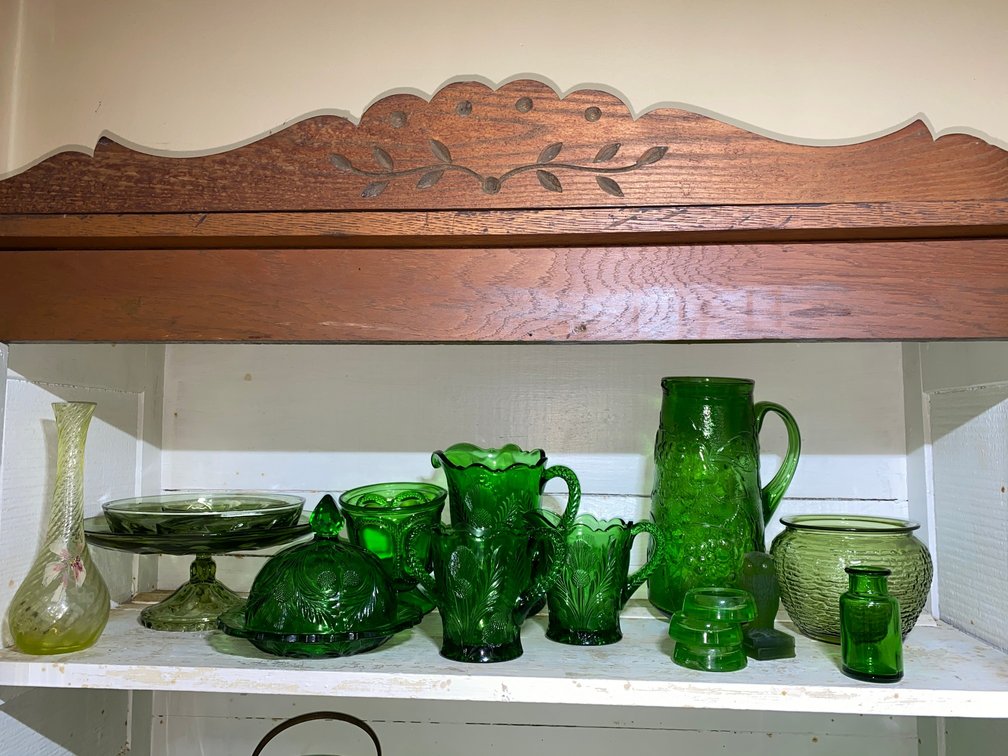 Green Covered Compote, Water Pitcher, Creamer and sugar, Salt Dips, Pitcher