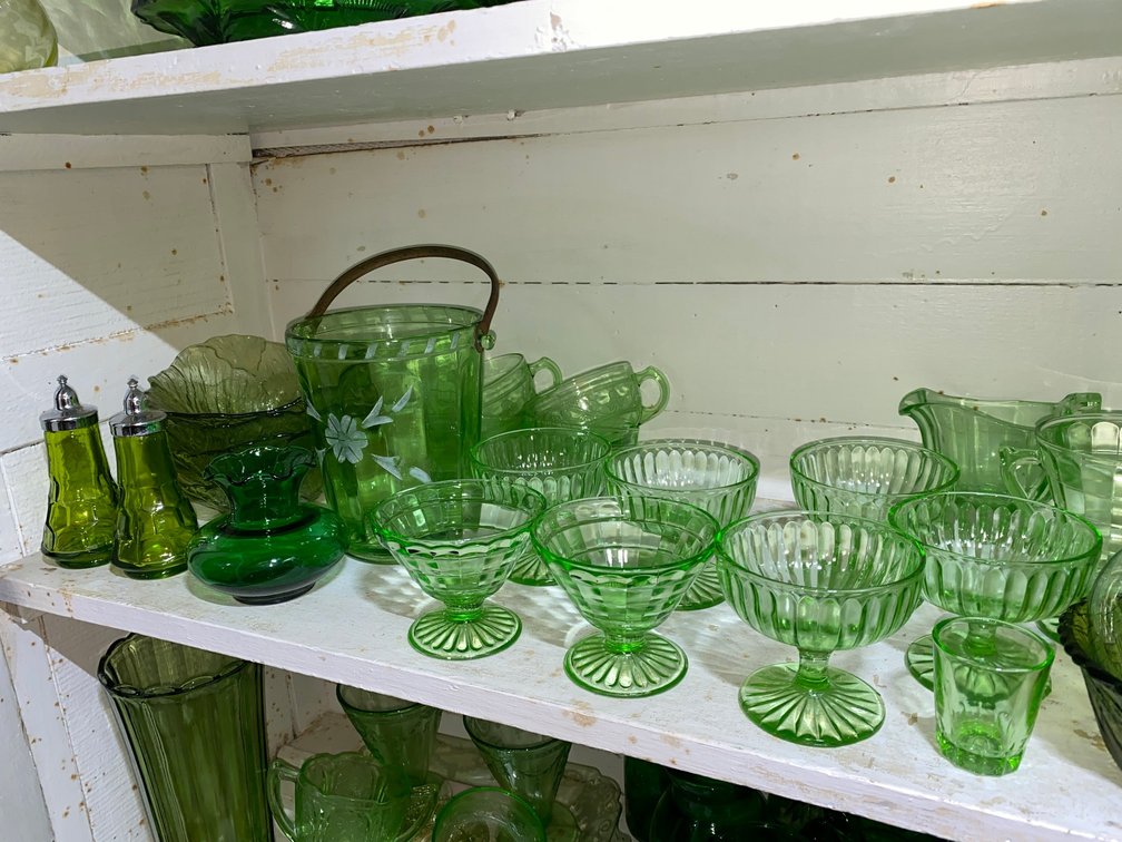 Green Depression Glass, Green Glass Bucket, Fairy bowls