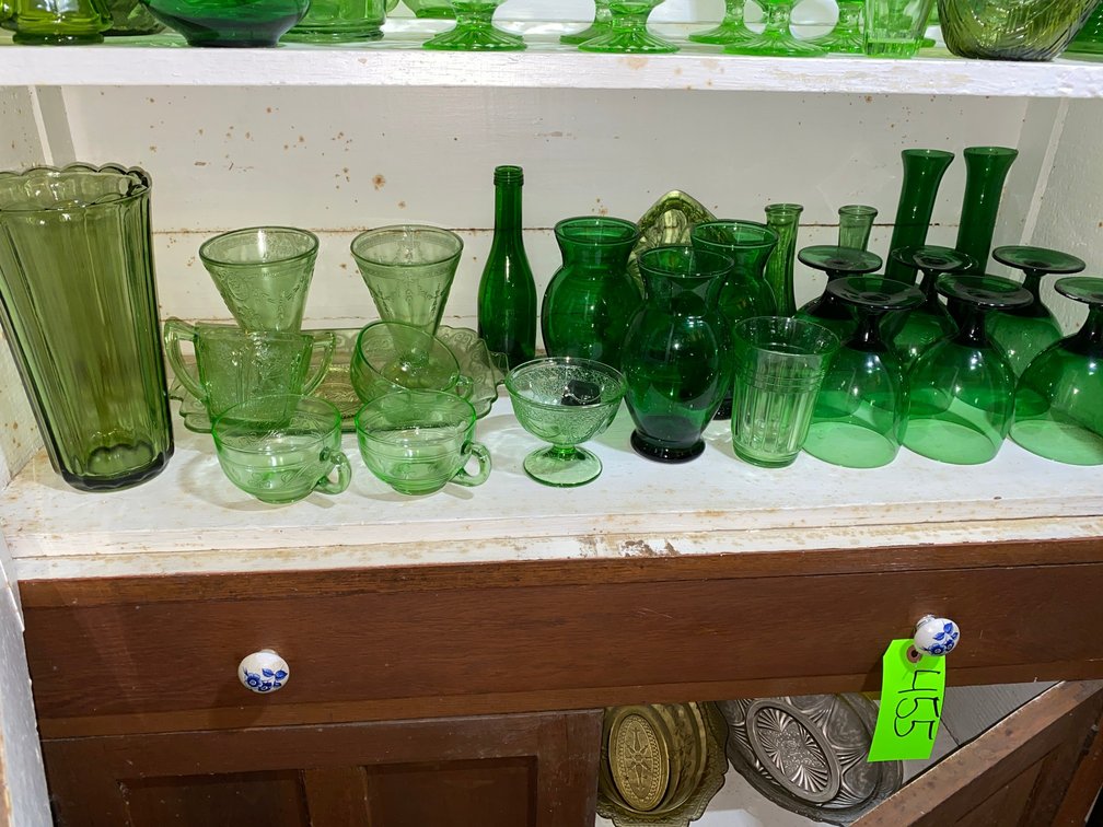 Green Depression glass, Creamer, Sugar, Stemware