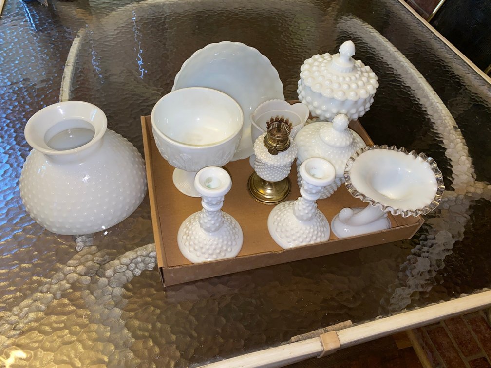 Milk glass, Covered Compotes, Candlestick Holders, Oil Lamp