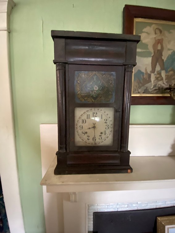 Antique Wooden Calendar Shelf Clock with Reverse-Painted Glass