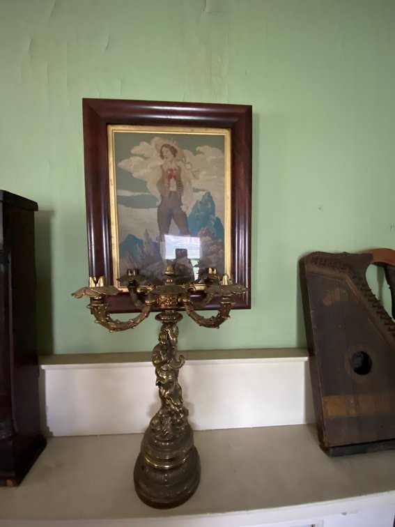 Ornate Figural Five-Light Candelabra with Framed Art