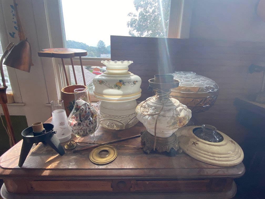 Amber Colored Punch Bowl, Glass Lamp Shades, 1-Glass Lamp, 2 Hurricanes