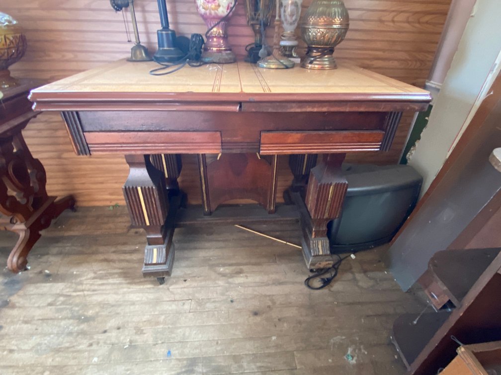 antique Wooden Table with Metal Top