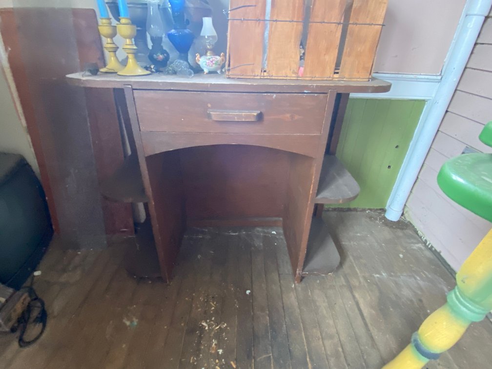 Vintage Wood Vanity Desk with Drawer and Side Shelves