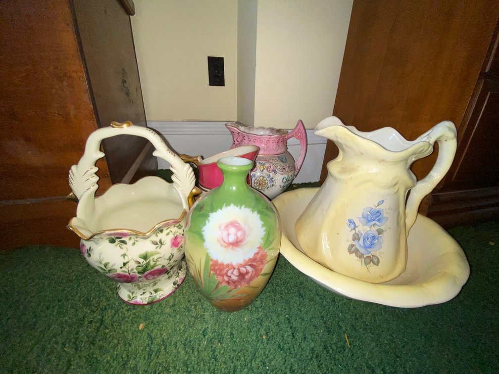 Pitcher and Bowl Set, Glass Basket, Vase, 2-Glass Pitchers
