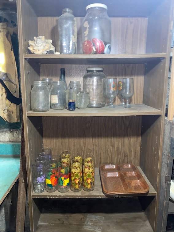 Contents of Shelf, Collectable  Glasses, Trays, Stemware
