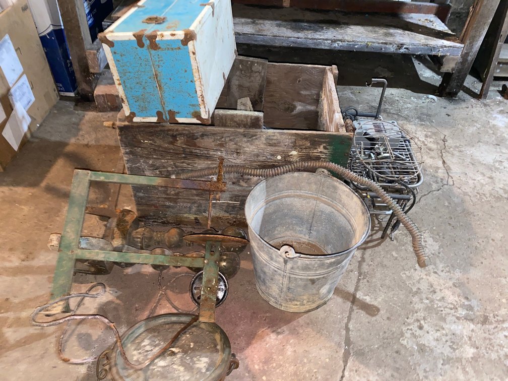 Galvanized Bucket, Wooden Crate, Andirons