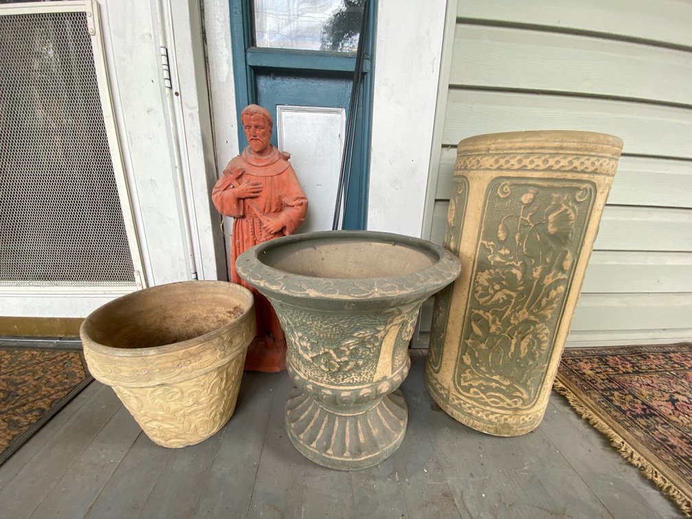 Outdoor Pots, Umbrella Stand, Saint Christopher Statue