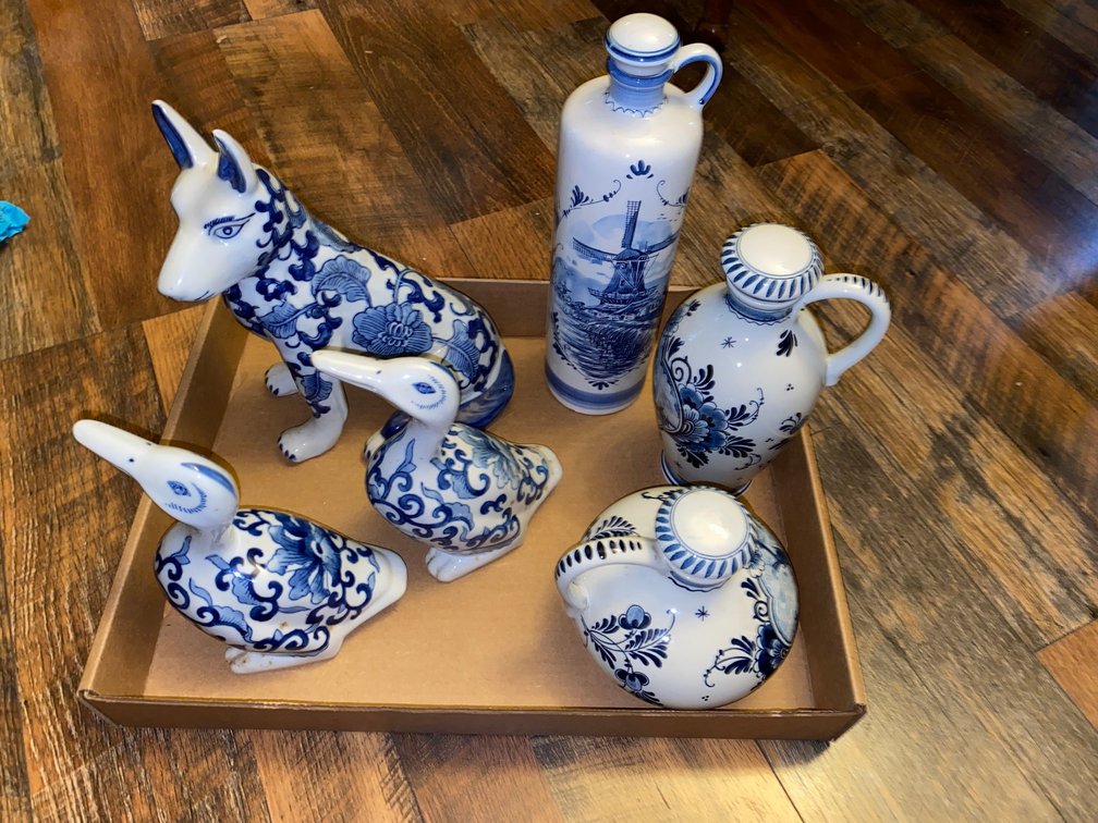 3-Delft Blue Pitchers, 3-Blue and White China Figurines