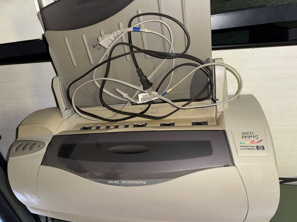 HP Photosmart 722C color inkjet printer with power/data cables.