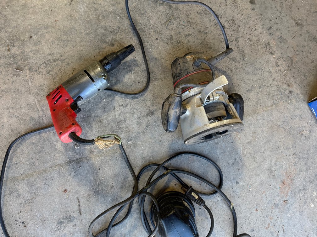 Vintage Red Corded Power Drill, Corded Wood  Router, Tangled Black Power Cords