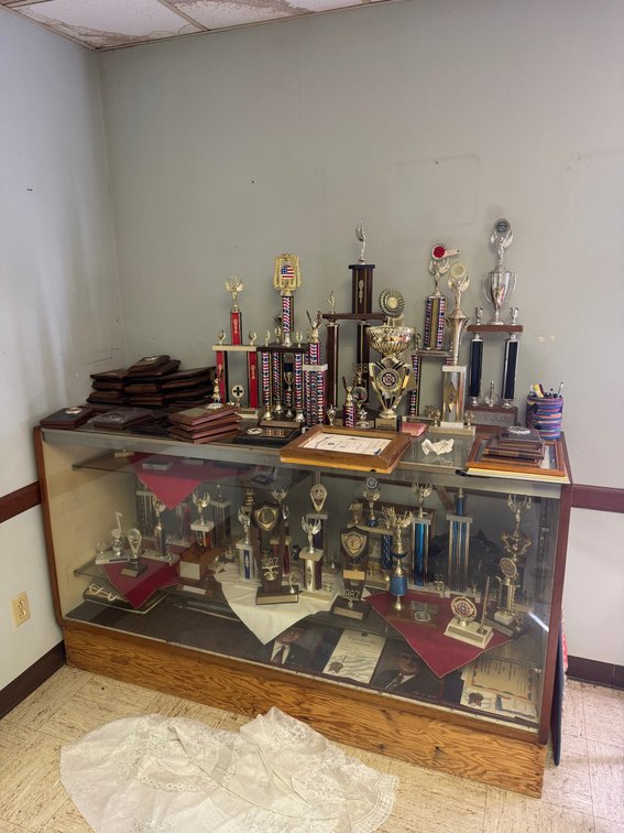 Glass Trophy Display Case with Trophies