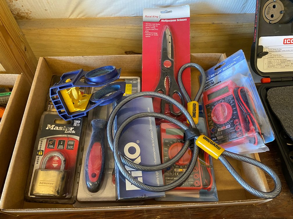 Padlocks, multi-purpose scissors, security cable