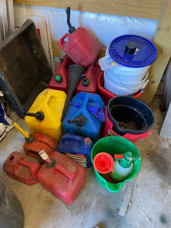 Gas cans, buckets, funnels, sprayer