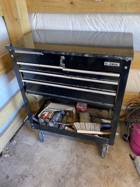 US General toolbox on wheels, with contents-grease gun, tools