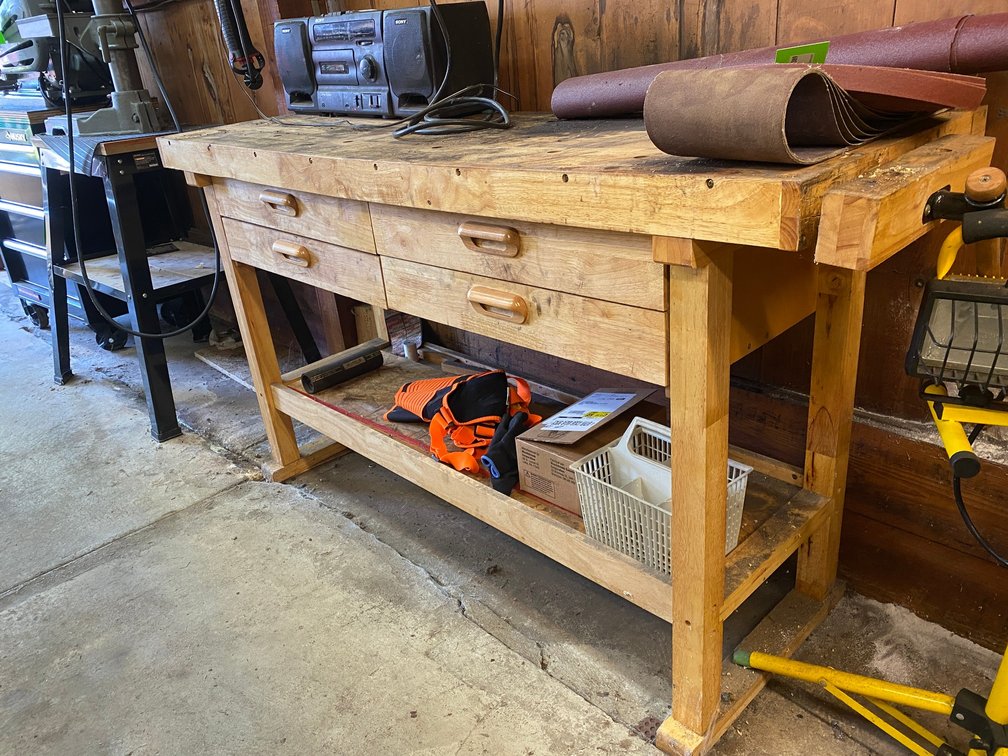 Wooden workbench with remaining contents - Sony radio NOT included