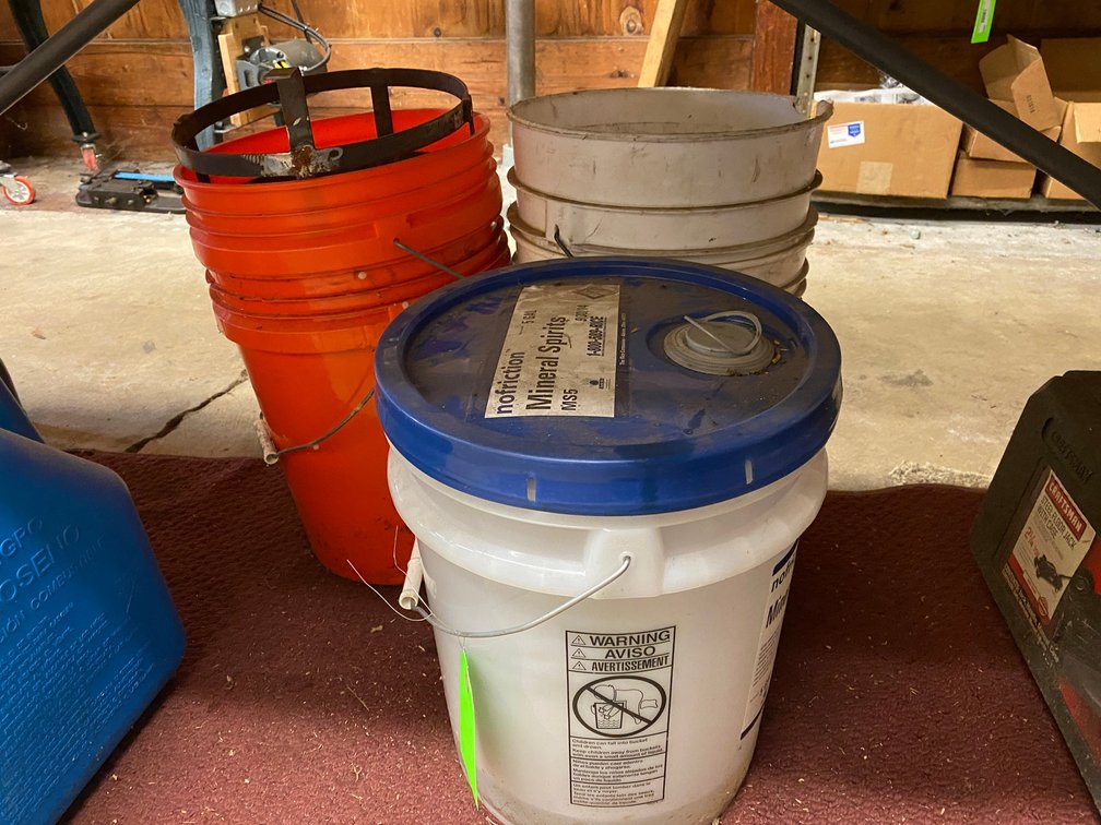 Lot of 5 gallon buckets-1 with mineral spirits