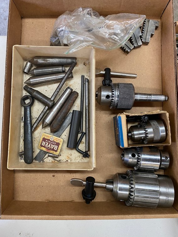 Lot of 4 drill chucks, dead centers, 2 sets of replacement jaws for lathe chuck