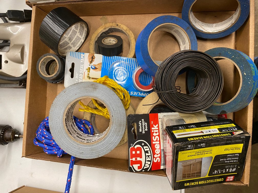 Flat of tape, tie wire, misc. items