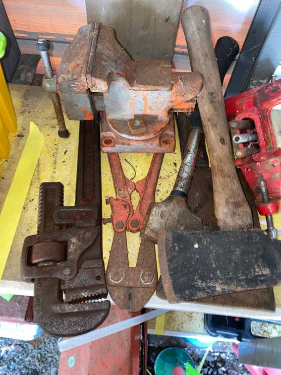 Bench Vise, Pipe Wrench, Bolt Cutters, Hatchet, and More