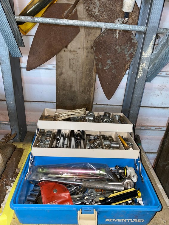 Plastic Toolbox with Sockets, Masonry Trowels, and More