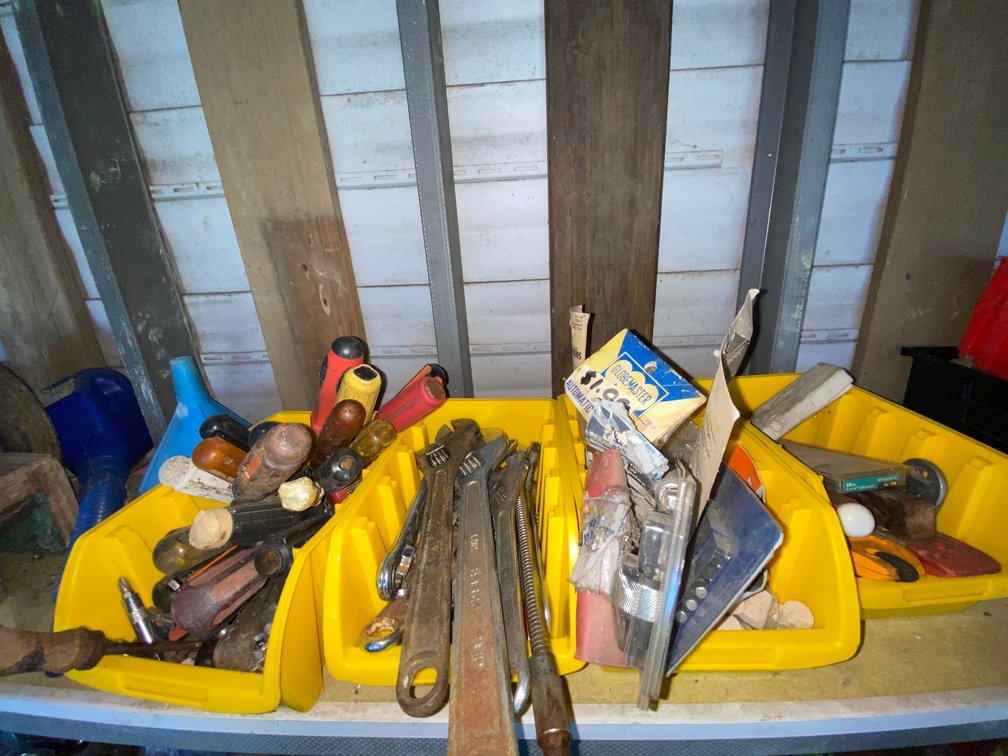 Screwdrivers, Wrenches, Hardware, and Plastic Storage Bins