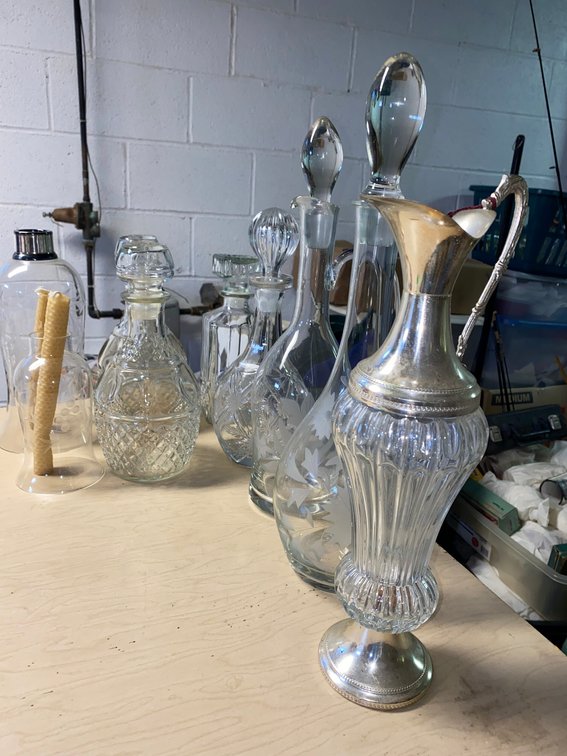 Glass Decanters, Silver-Plated Mounted Ewer, Hurricane Shade, and More