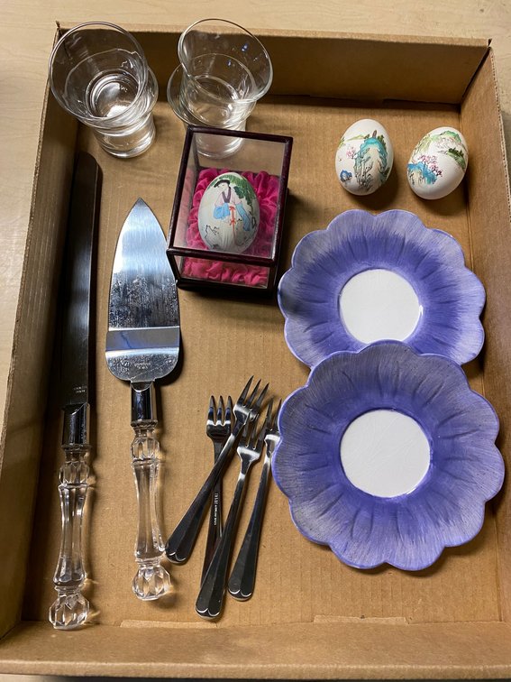 Cake Serving Set, Painted Miniature Eggs, Ceramic Saucers, and More