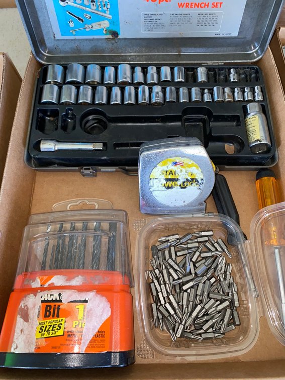 Socket Wrench Set, Tape Measure, Drill Bits, and More