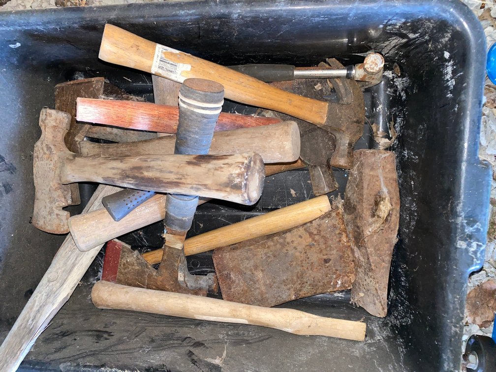 Hammers, Hatchets, Axe Heads, and Tool Handles in Plastic Tote