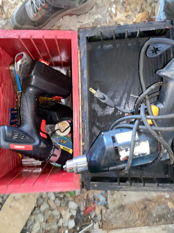 Wooden Toolbox, Power Drills, Hand Tools, and Hardware