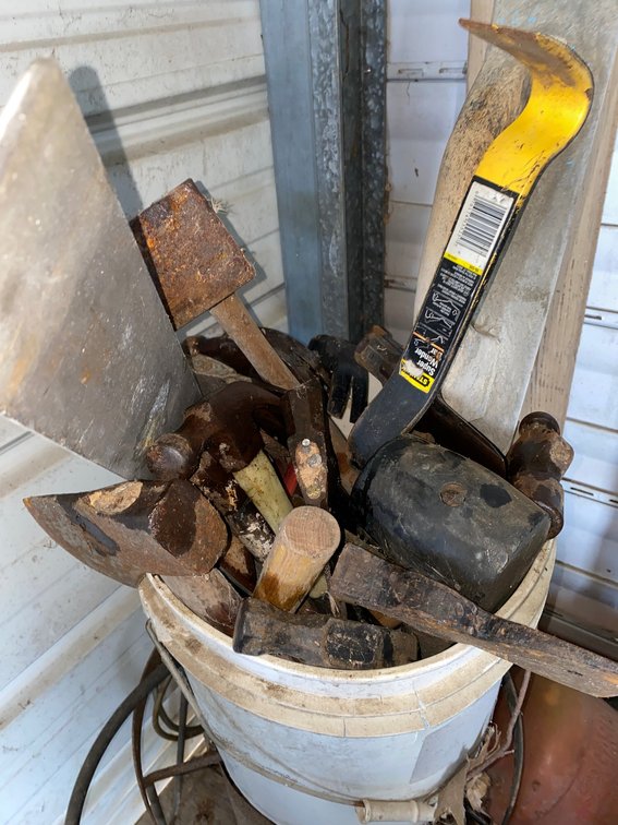 Plastic Bucket with Hammers, Pry Bar, Hatchets, and More